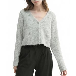 Wool Blend Rhinestone Flower Detail Fuzzy Cardigan All in Favor NWT Grey XS